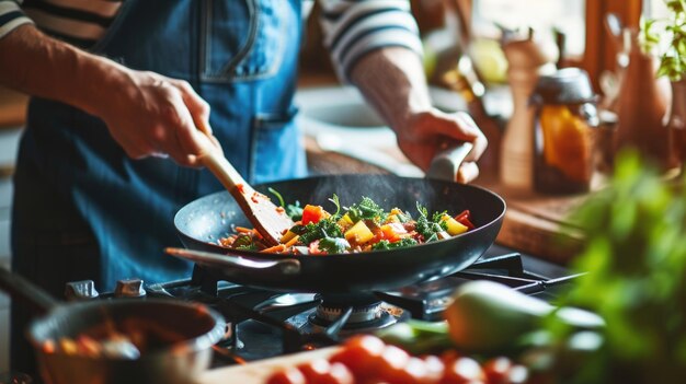 Eine Person kocht eine bunte Mischung aus Gemüse in einem Wok