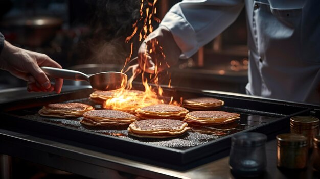 eine Person kocht Pfannkuchen mit einer Pfanne Pfanne auf dem Grill