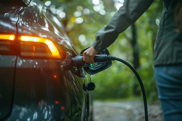 Eine Person lädt ihr Elektroauto in einem Wald Generative KI