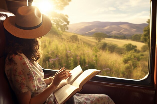 Foto eine person liest ein buch, während sie auf einer decke in einem sonnenblumenfeld sitzt