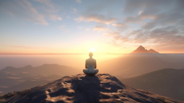 Eine Person meditiert auf einem Berg, während die Sonne hinter ihr untergeht.
