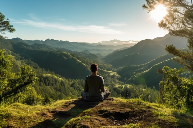 Eine Person meditiert auf einem Hügel mit Blick auf ein Tal, während die Sonne hinter ihr untergeht.