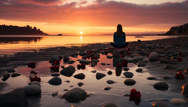 Foto eine person meditiert in der ruhigen natur und findet harmonie und gleichgewicht, die durch ki erzeugt werden.