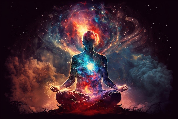 Eine Person meditiert in einem dunklen Raum mit dem Universum im Hintergrund.