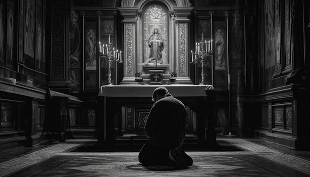 Eine Person meditiert und betet zu Gott in einer ruhigen Kapelle, die von KI generiert wurde
