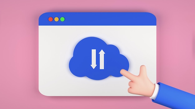 Eine Person meldet sich auf der Cloud-Speicher-Webseite mit Wolkensymbol und Cartoon-Menschhand an 3D-Renderillustration