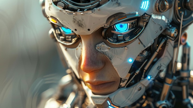 Foto eine person mit blauen augen und dem gesicht eines roboters