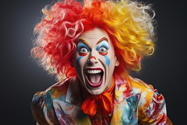 eine Person mit bunten Haaren und einem Clowngesicht