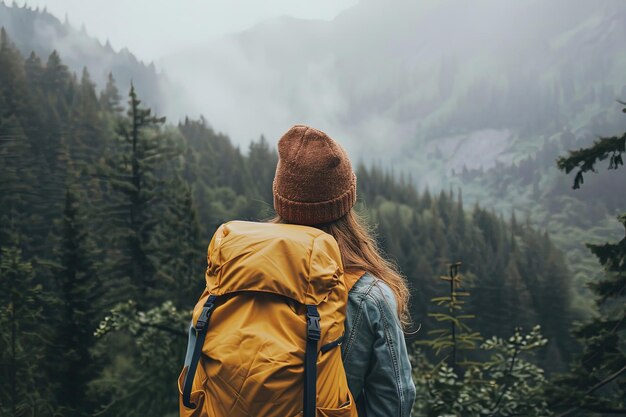 Eine Person mit einem gelben Rucksack, die auf einen Wald schaut