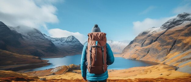 eine Person mit einem Rucksack, die auf einem Berg steht