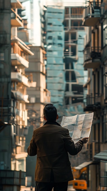 eine Person mit einem Rucksack und einer Karte, die eine Stadt liest