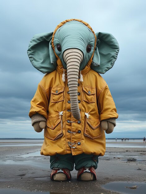 eine Person mit einer Elefantenmaske steht an einem Strand mit einer Person mit einer Maske