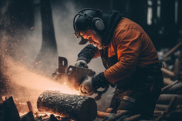 Eine Person mit einer Kettensäge und Sägemehl, die Baumstämme für Winterfeuer hacken