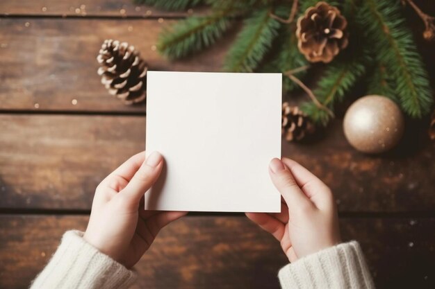 eine Person mit einer leeren Karte vor einem Weihnachtsbaum