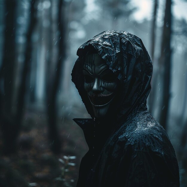 Foto eine person mit einer schwarzen maske steht im wald