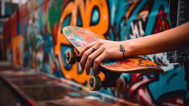 Eine Person mit einer Tätowierung auf der Hand hält ein Skateboard.