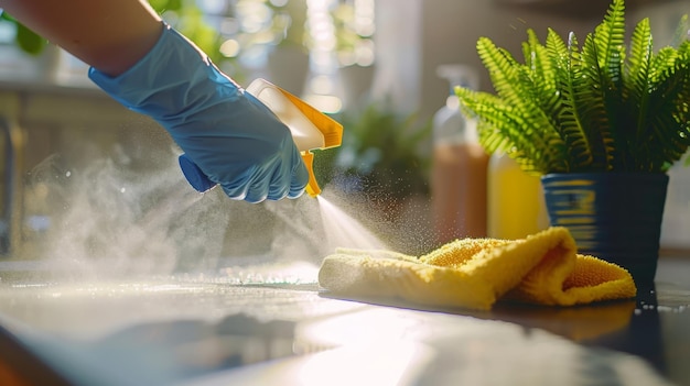 eine Person mit geschwungenen Händen benutzt eine blaue Sprühflasche und ein gelbes Tuch, um einen Tisch zu reinigen