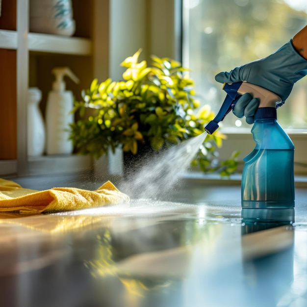 eine Person mit geschwungenen Händen benutzt eine blaue Sprühflasche und ein gelbes Tuch, um einen Tisch zu reinigen