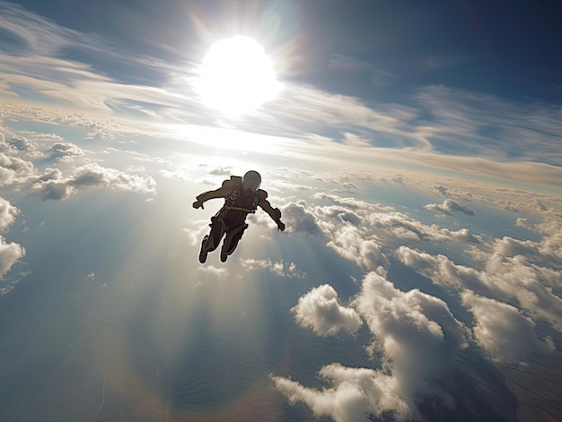 Eine Person mit Helm fliegt durch die Wolken, die Sonne im Rücken.