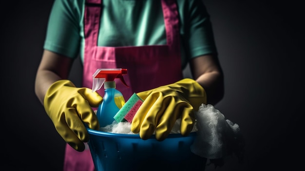 Foto eine person mit rosa schürze und gelben gummihandschuhen reinigt einen blauen eimer mit einer flasche reinigungsmittel.