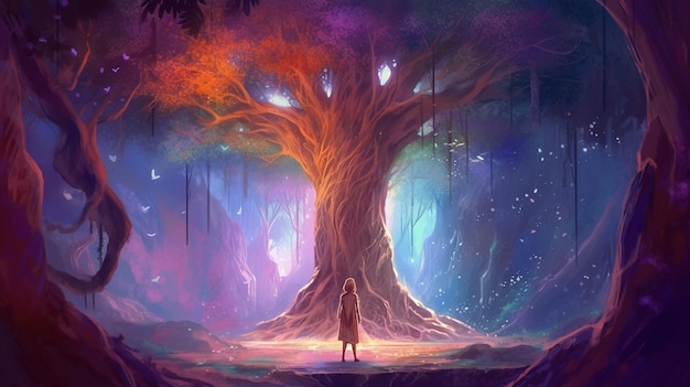 eine Person mitten im Wald, die vor einem Baum steht