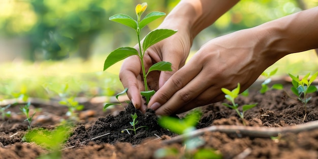 Eine Person pflanzt einen kleinen Baum in den Schmutz