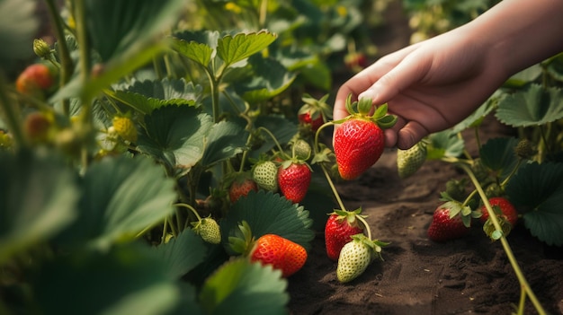 Eine Person pflückt Erdbeeren auf einem Feld