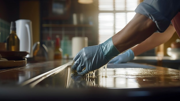 eine Person reinigt eine Küchenplatte mit einem Gummihandschuh an der Hand