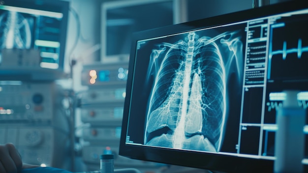 Eine Person schaut auf einen Computermonitor, auf dem ein Röntgenbild der Brust zu sehen ist