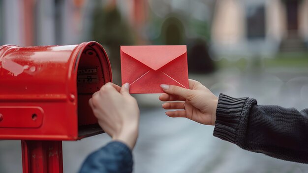 Foto eine person schickt einen roten umschlag mit einem brief drin. der briefkasten ist rot und befindet sich an der seite eines gebäudes.