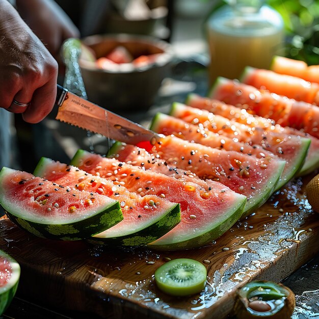 Foto eine person schneidet einen fruchtsalat mit einem messer