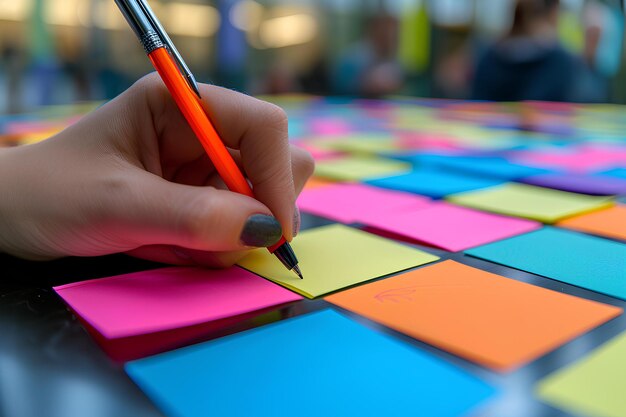 Eine Person schreibt auf ein Stück farbiges Papier mit einem Bleistift in der Hand und einem bunten