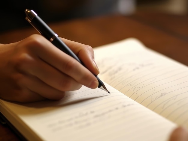 Eine Person schreibt mit einem Stift auf ein Notizbuch