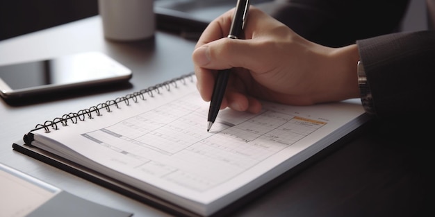 Eine Person schreibt mit einem Stift auf einen Kalender.