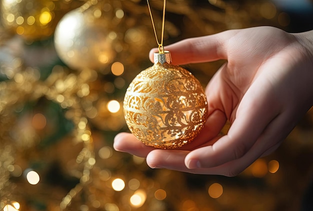 Eine Person setzt goldene Ornamente an einen Weihnachtsbaum im Stil eines zeitgenössischen Märchens