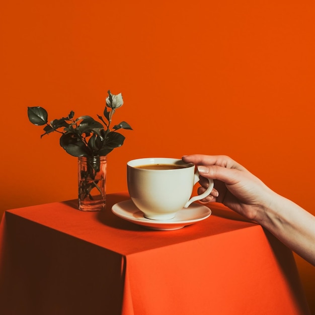 Eine Person sitzt an einem Tisch mit einer Tasse Kaffee und einer Blumenvase auf dem Tisch.