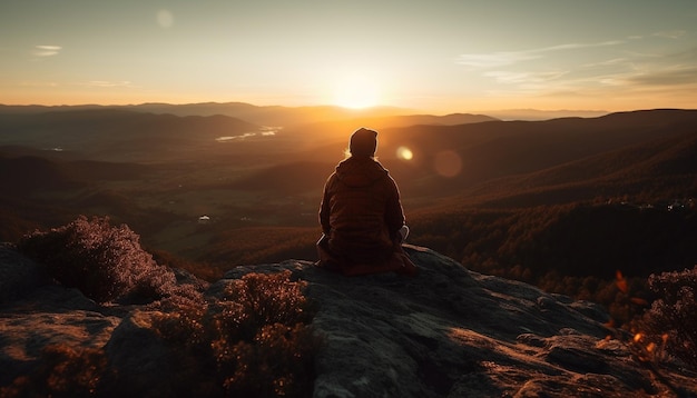 Eine Person sitzt auf einer Sandsteinklippe und bewundert den von KI erzeugten Sonnenuntergang