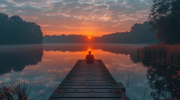 Eine Person sitzt bei Sonnenuntergang auf einem Dock