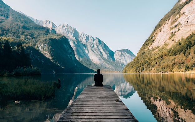 Foto eine person sitzt einsam in den bergen