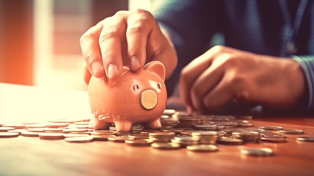Eine Person steckt ein Sparschwein in einen Stapel Münzen.