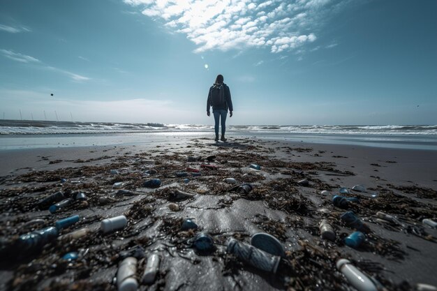 Foto eine person steht an einem strand, der mit plastikmüll und industrieabfällen übersät ist