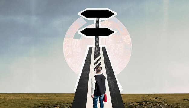 Eine Person steht an einer Kreuzung in einer stilisierten Collage-Stil-Illustration, die sich der Herausforderung stellt