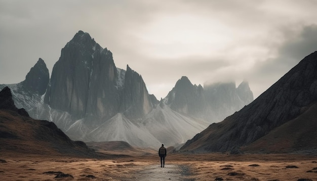 Eine Person steht auf einem Berggipfel und bewundert die von KI erzeugte Schönheit der Natur