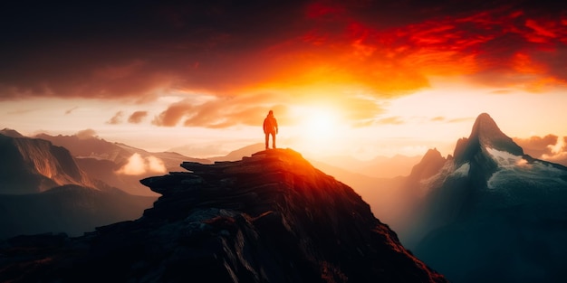 Eine Person steht auf einem Berggipfel und die Sonne geht hinter ihr unter.