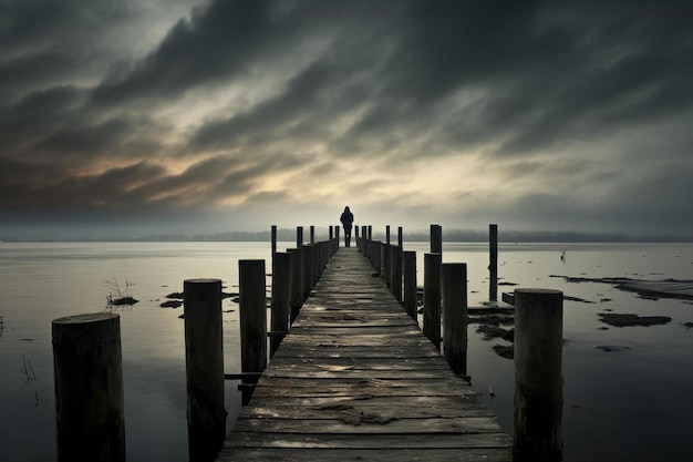 Foto eine person steht auf einem dock mit dem himmel im hintergrund.