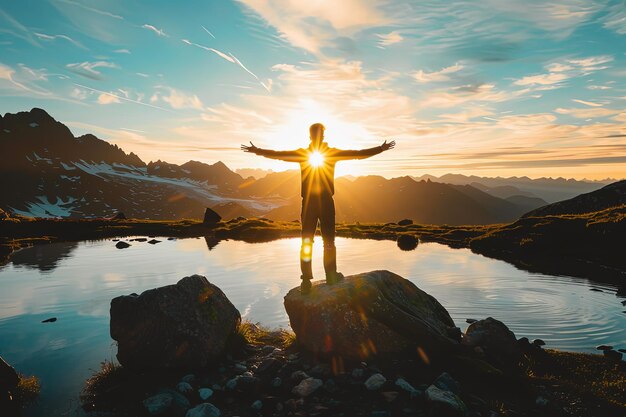 Foto eine person steht auf einem felsen neben einem wasserkörper