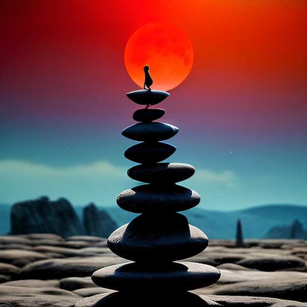 eine Person steht auf einem Haufen Felsen mit einer roten Sonne am Himmel hinter ihnen und Bergen in t