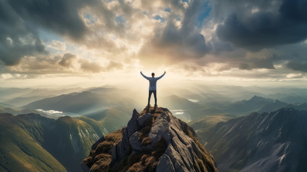 Eine Person steht auf einer Bergspitze