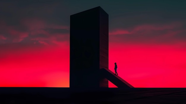 Eine Person steht auf einer Brücke vor einem roten Himmel.