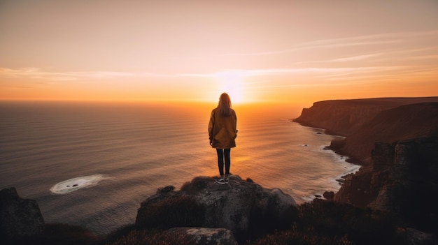 Eine Person steht auf einer Klippe mit Blick auf den Ozean. Generatives KI-Bild